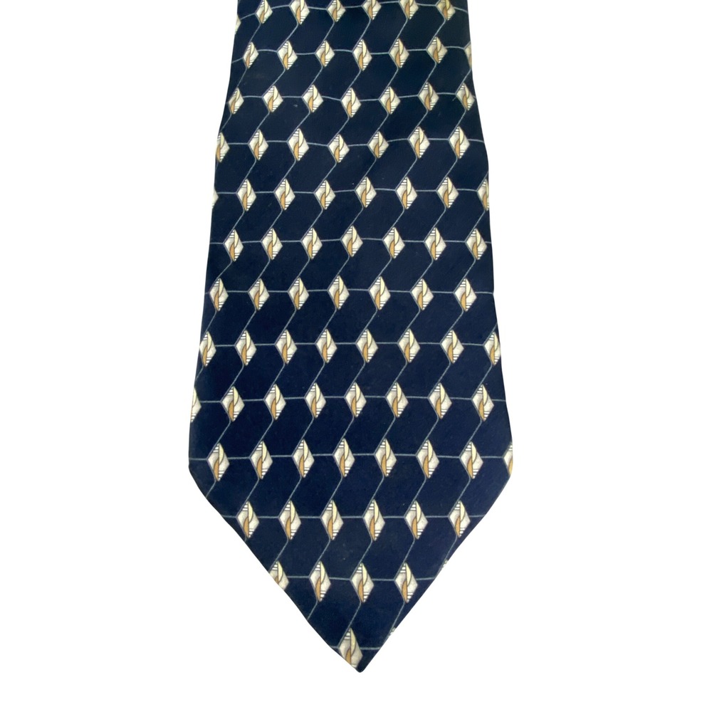 Louis Feraud Mens Silk Necktie Navy Blue Grey Gold Diamond Geometric Tie 57x4